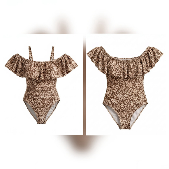 Tahari One piece Ruffle Strapless Swimsuit Bathing Suit LARGE Cheetah Leopard - Picture 2 of 13